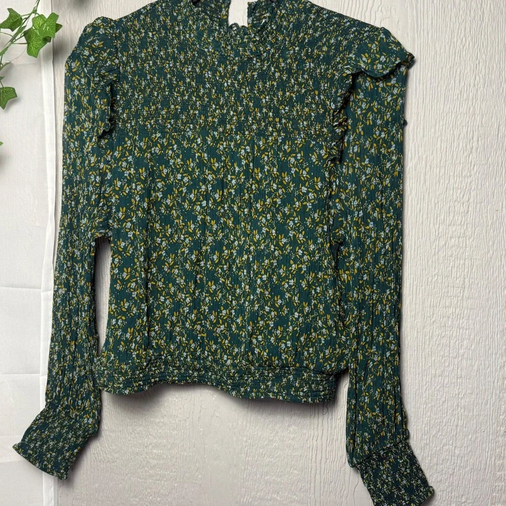 Free People Roma Blouse Green Floral Smocked Ruffle Mock Neck Top Size M